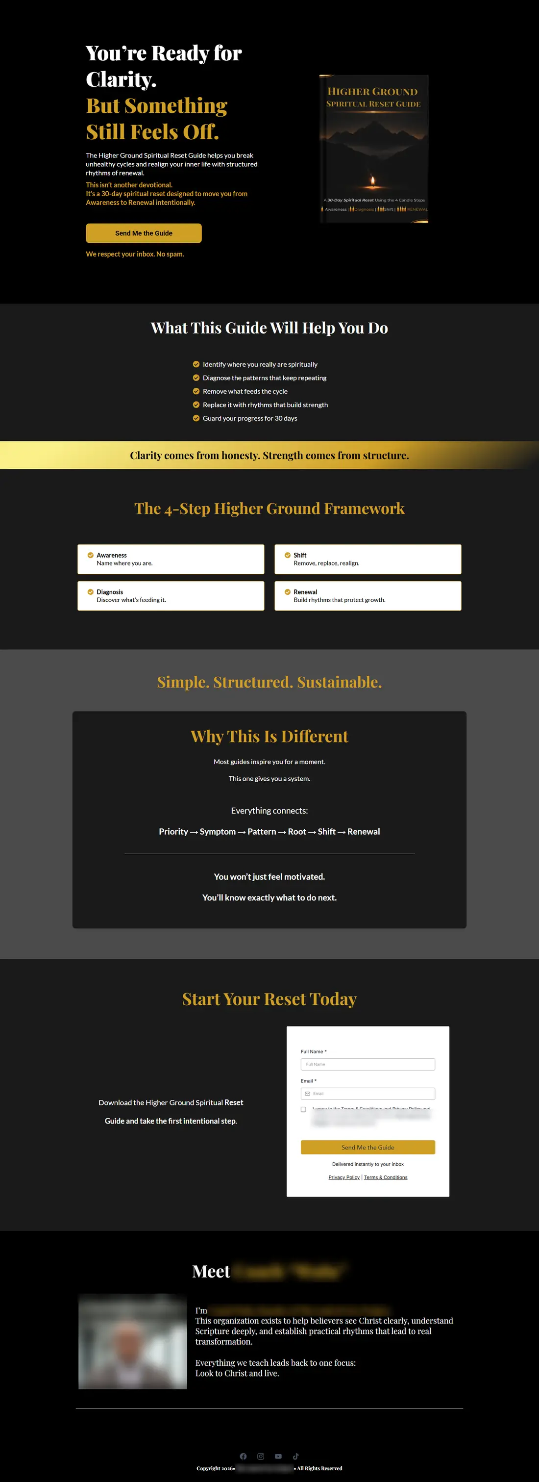 Full length of the Higher Ground landing page