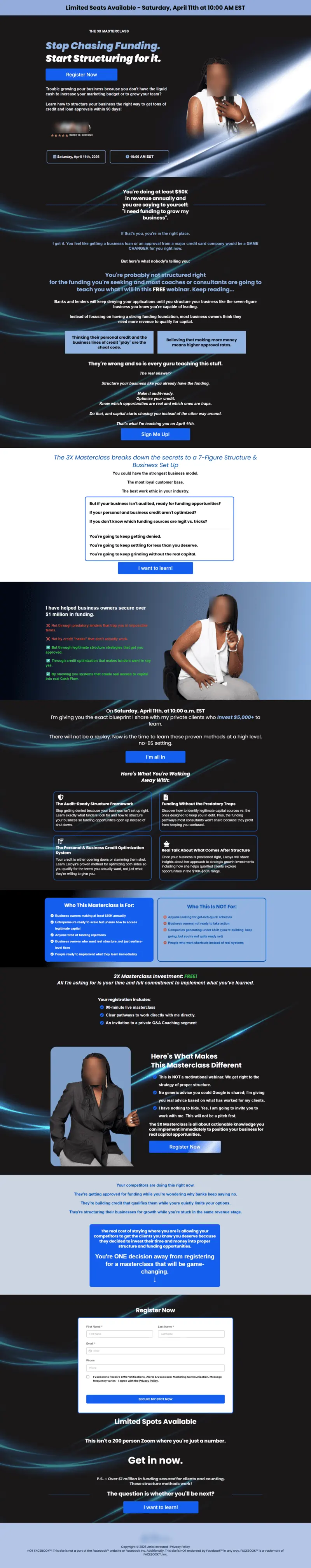 Full length of the masterclass registration page